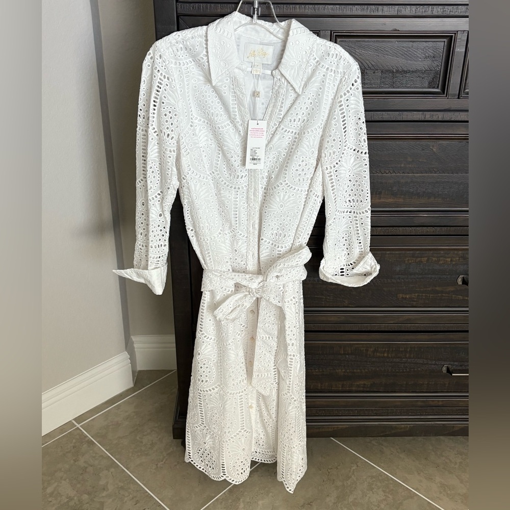 NWT Lilly Pulitzer White Eyelet Midi Shirt Dress Belted Long Sleeve SZ 4 - Picture 2 of 8